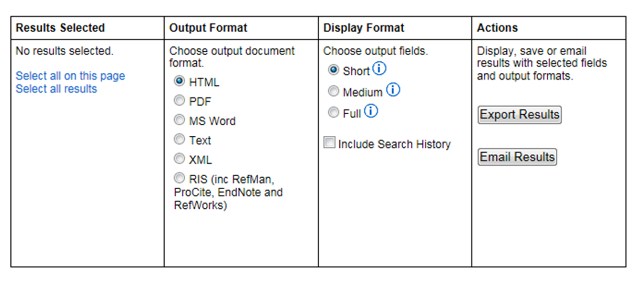 Options for exporting search results from the NHS Evidence website